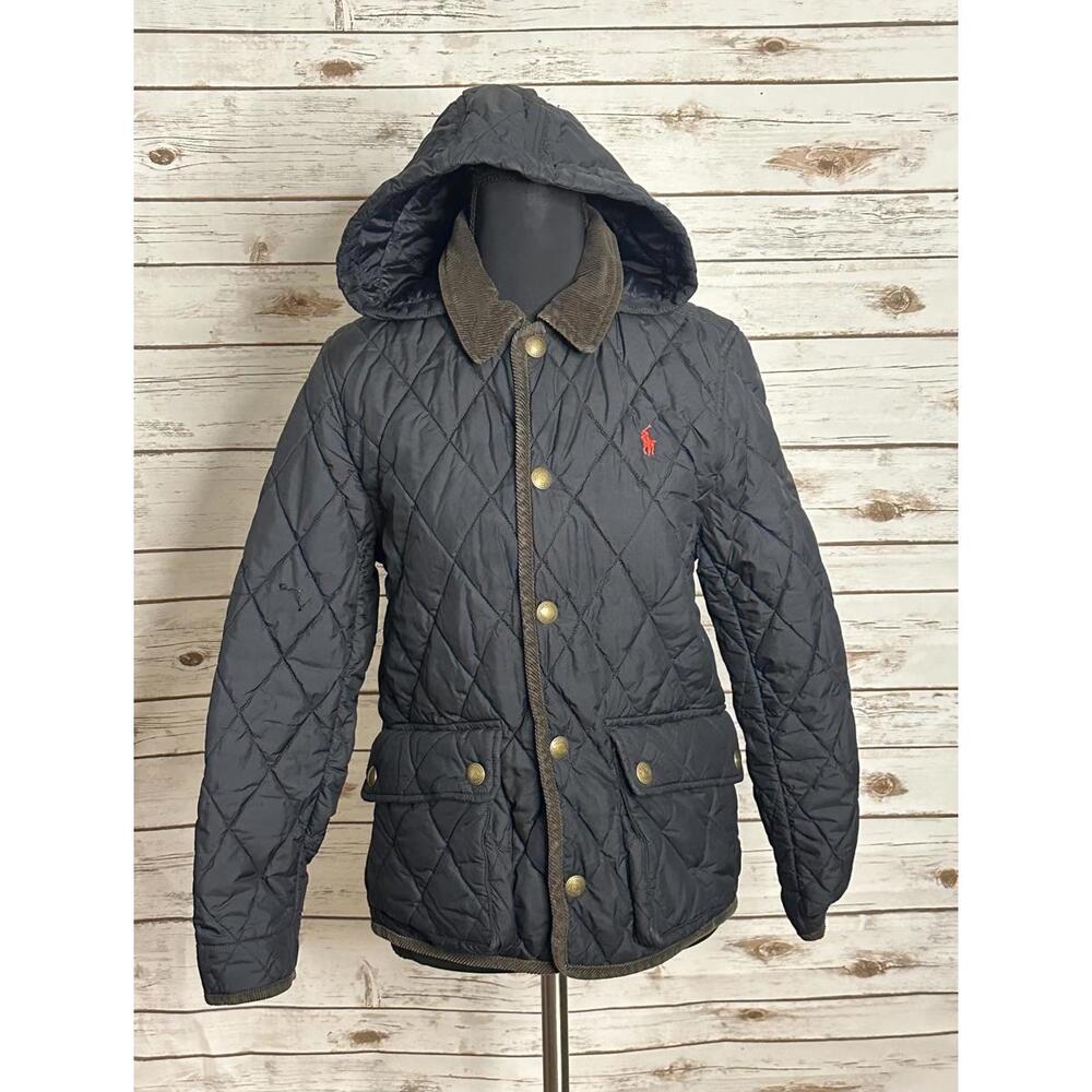 Polo Ralph Lauren black quilted barn snap front hooded jacket Size L (14-16)